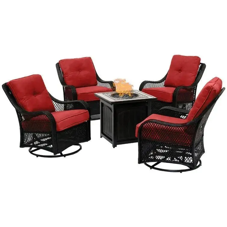 5-Piece Steel Patio Fire Pit Set – Navy Blue Cushioned Swivel Gliders + Square Fire Table 2