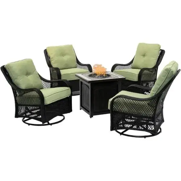 5-Piece Steel Patio Fire Pit Set – Navy Blue Cushioned Swivel Gliders + Square Fire Table