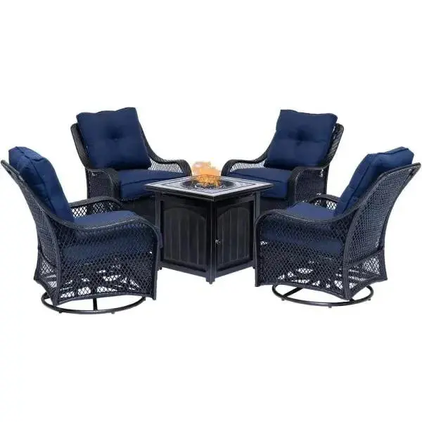 5-Piece Steel Patio Fire Pit Set – Navy Blue Cushioned Swivel Gliders + Square Fire Table