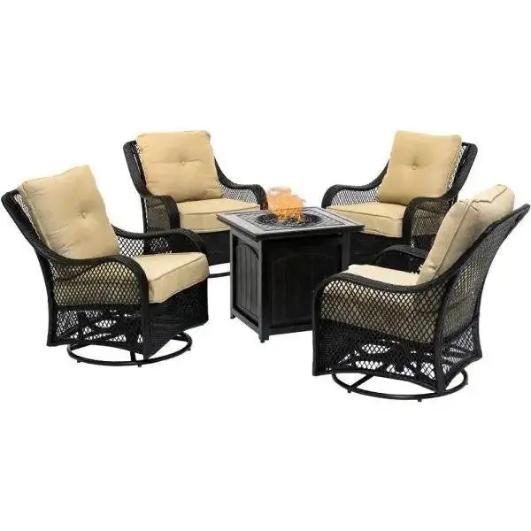 5-Piece Steel Patio Fire Pit Set – Navy Blue Cushioned Swivel Gliders + Square Fire Table