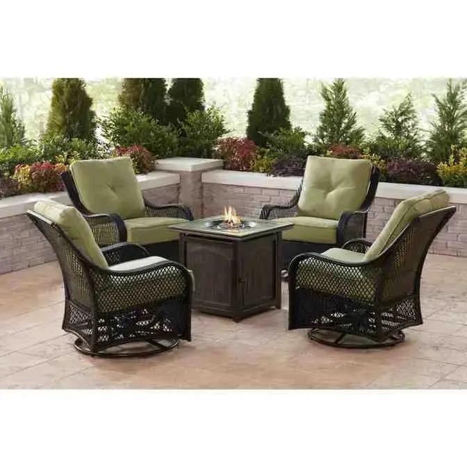 5-Piece Steel Patio Fire Pit Set – Navy Blue Cushioned Swivel Gliders + Square Fire Table