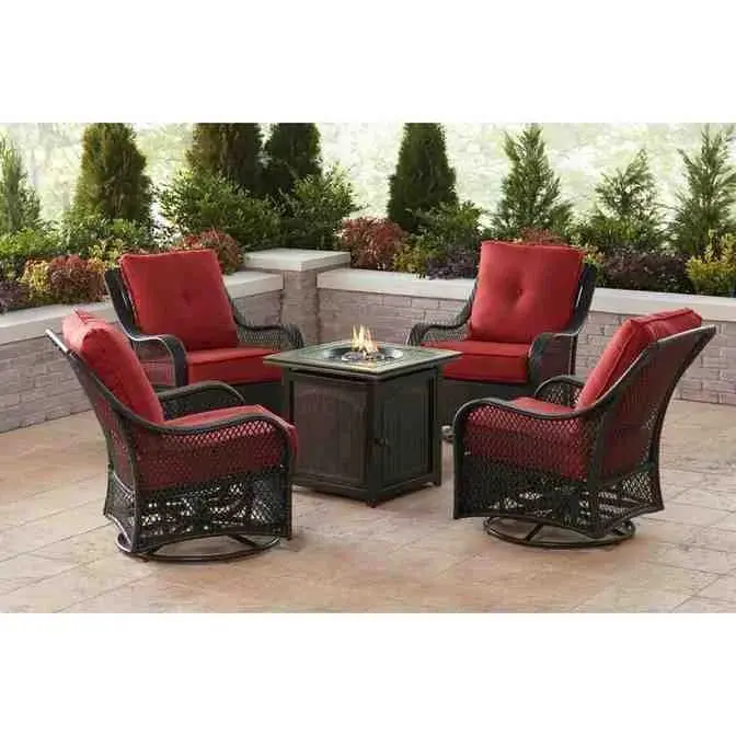 5-Piece Steel Patio Fire Pit Set – Square Table with Swivel Glider Chairs & Navy Blue Cushions