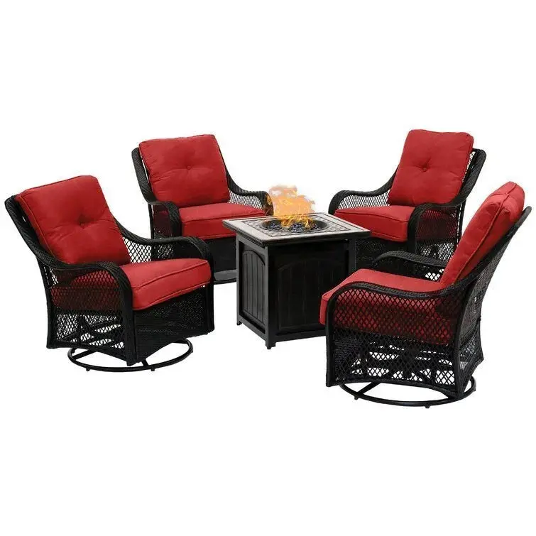 5-Piece Steel Patio Fire Pit Set – Square Table with Swivel Glider Chairs & Navy Blue Cushions