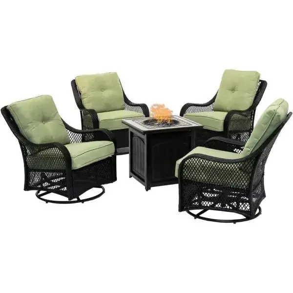5-Piece Steel Patio Fire Pit Set – Square Table with Swivel Glider Chairs & Navy Blue Cushions