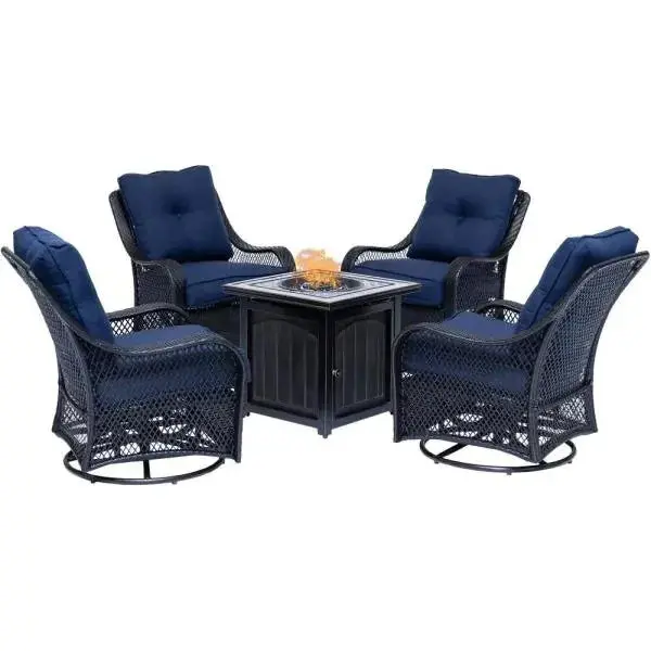 5-Piece Steel Patio Fire Pit Set – Square Table with Swivel Glider Chairs & Navy Blue Cushions