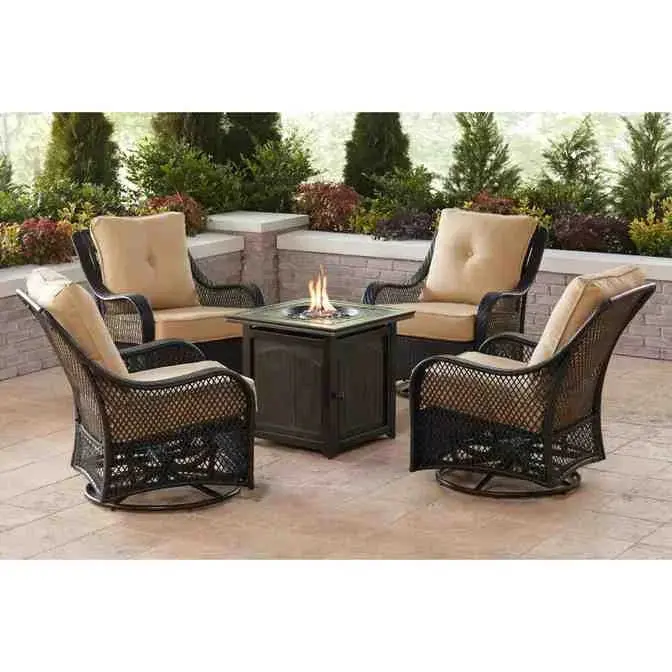 5-Piece Steel Patio Fire Pit Set – Square Table with Swivel Glider Chairs & Navy Blue Cushions