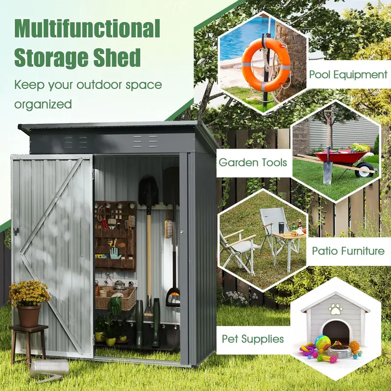 5' x 3' Compact Metal Storage Shed — Sloped-Roof Tool House with Ventilation & Lockable Door 2