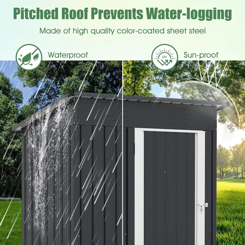 5' x 3' Compact Metal Storage Shed — Sloped-Roof Tool House with Ventilation & Lockable Door