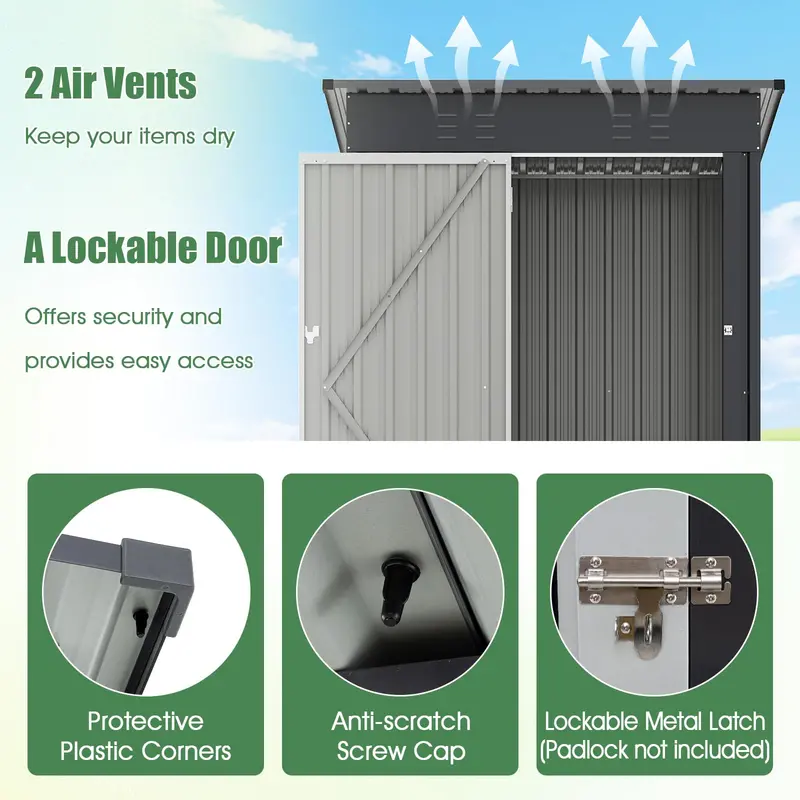 5' x 3' Compact Metal Storage Shed — Sloped-Roof Tool House with Ventilation & Lockable Door