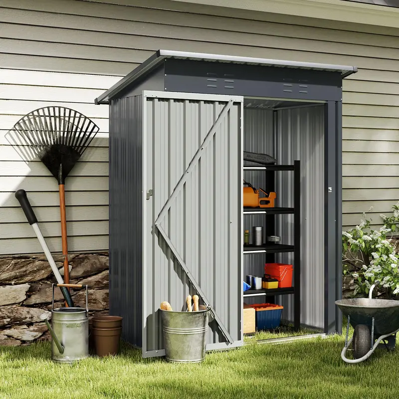 5' x 3' Compact Metal Storage Shed — Sloped-Roof Tool House with Ventilation & Lockable Door