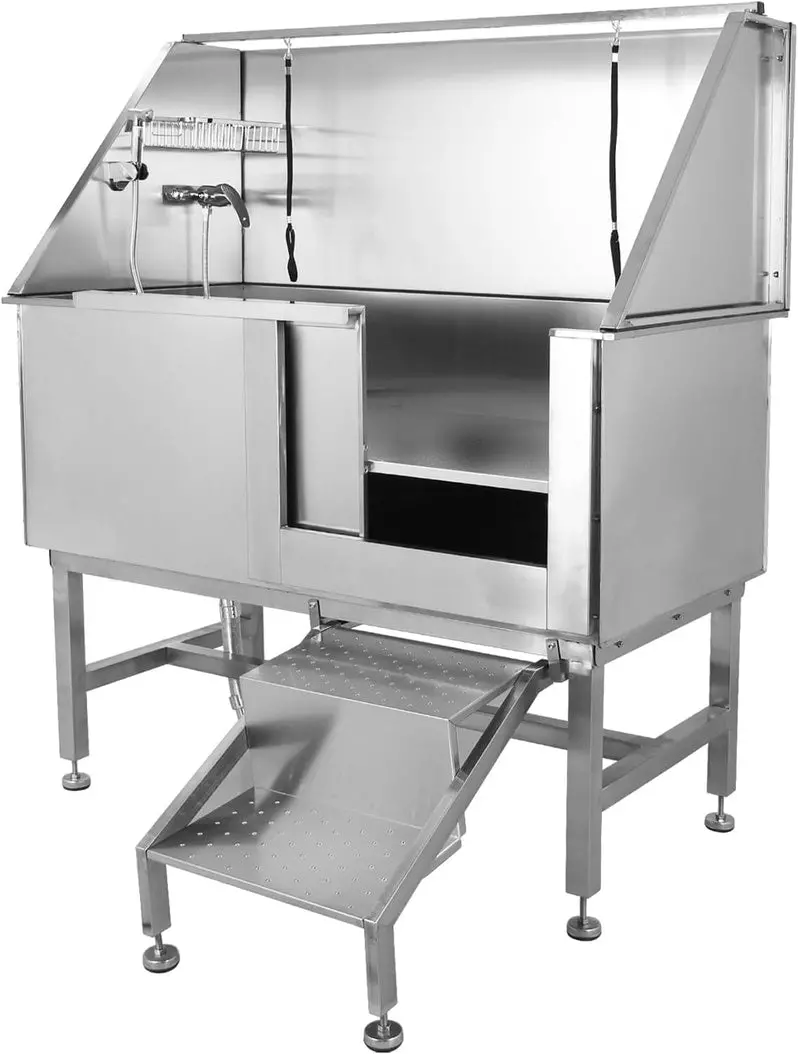 50" Stainless Steel Professional Dog Grooming Tub – Includes Ramp, Adjustable Faucet, Handheld Sprayer, Drain Kit & Right-Swing Door
