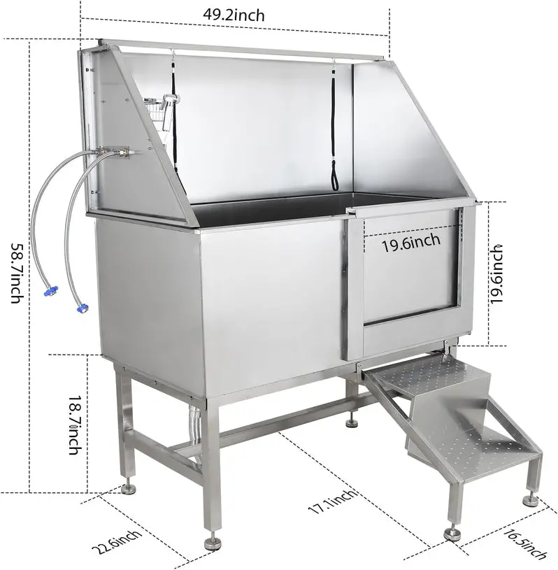 50" Stainless Steel Professional Dog Grooming Tub – Includes Ramp, Adjustable Faucet, Handheld Sprayer, Drain Kit & Right-Swing Door