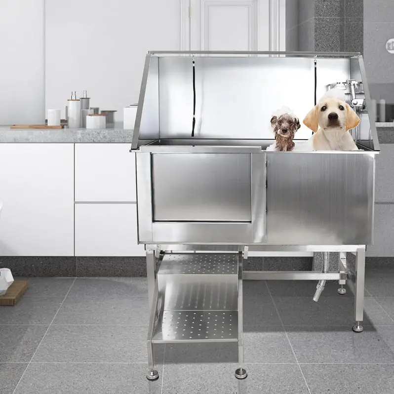 50" Stainless Steel Professional Dog Grooming Tub – Includes Ramp, Adjustable Faucet, Handheld Sprayer, Drain Kit & Right-Swing Door