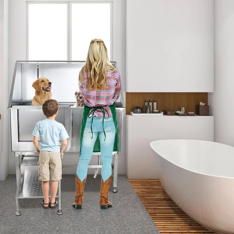 50" Stainless Steel Professional Dog Grooming Tub – Includes Ramp, Adjustable Faucet, Handheld Sprayer, Drain Kit & Right-Swing Door