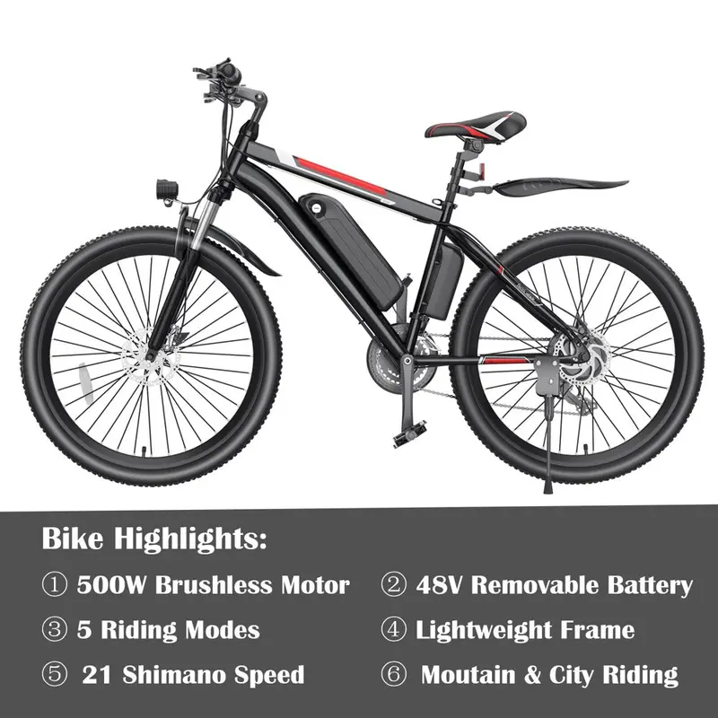 500W 26-Inch Electric Bicycle for Adults – Cruise Control, Commuter-Friendly Ebike
