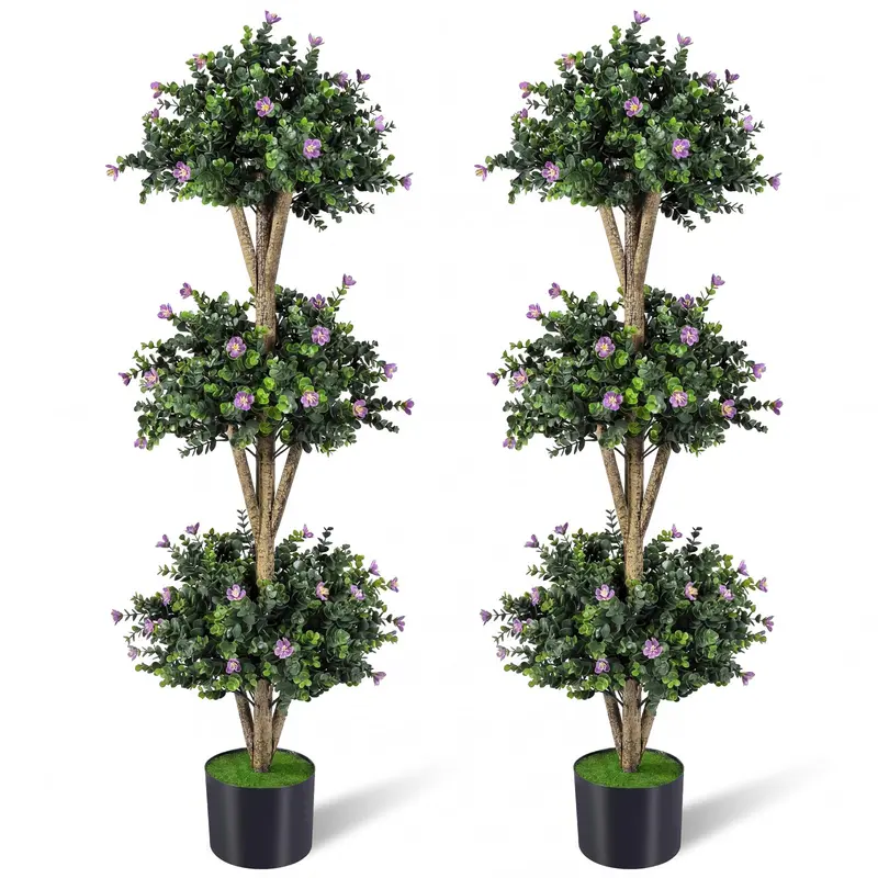 51-Inch Artificial Triple-Ball Boxwood Topiary Tree with 59 Blossoms and Weighted Plastic Pot