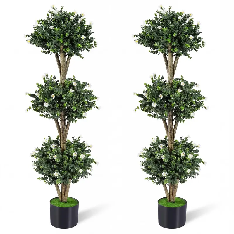51-Inch Artificial Triple-Ball Boxwood Topiary Tree with 59 Blossoms and Weighted Plastic Pot