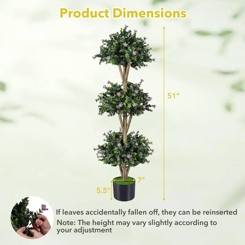 51-Inch Artificial Triple-Ball Boxwood Topiary Tree with 59 Blossoms and Weighted Plastic Pot