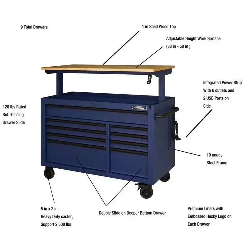 52 in. Matte Blue Mobile Workbench – 9-Drawer Adjustable-Height Unit with Solid Wood Top