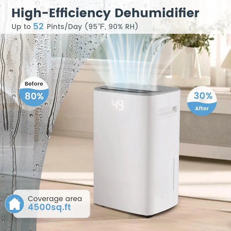 52-Pint Portable Dehumidifier for Basements – Supports 4,500 Sq. Ft with Auto/Manual Drain Options 2