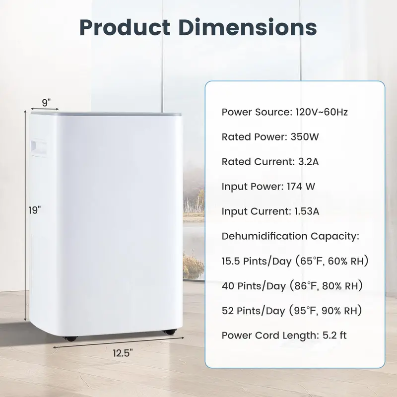 52-Pint Portable Dehumidifier for Basements – Supports 4,500 Sq. Ft with Auto/Manual Drain Options