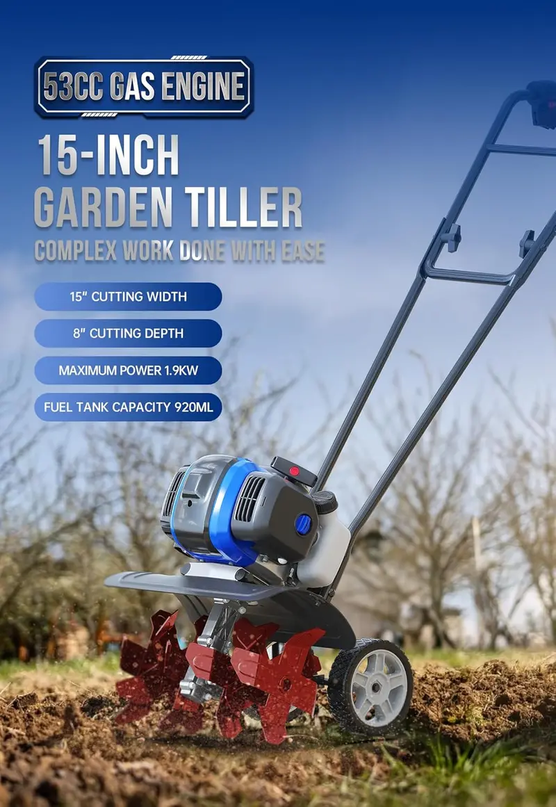 53cc Gas-Powered Mini Garden Tiller – 15-Inch Liftable Cultivator for Lawn, Field & Soil Preparation 2