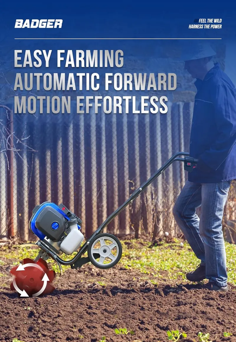 53cc Gas-Powered Mini Garden Tiller – 15-Inch Liftable Cultivator for Lawn, Field & Soil Preparation