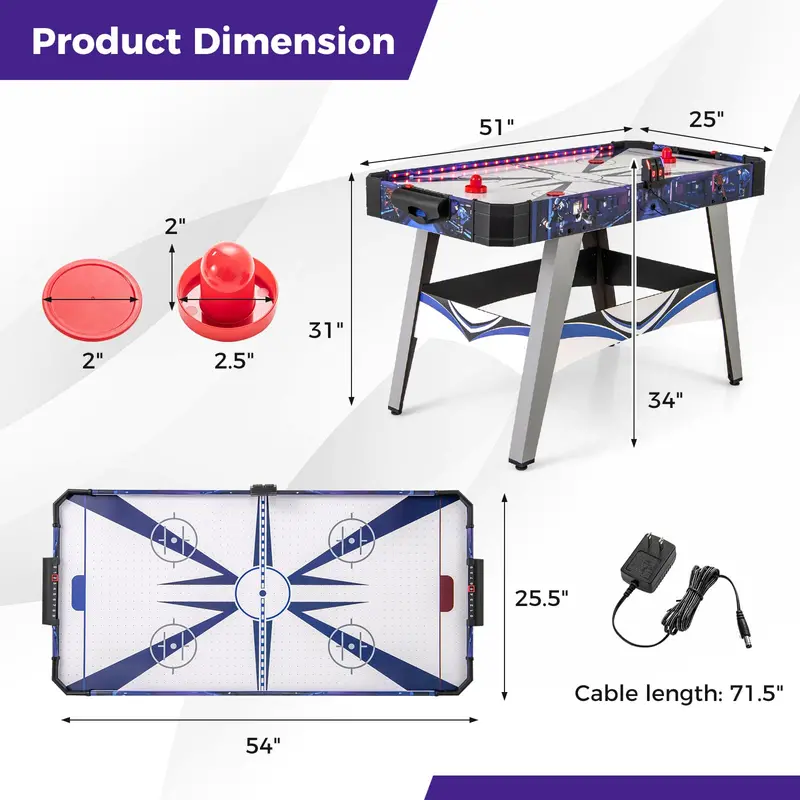54-Inch Air Hockey Table – LED Scoreboard, Dual Lights, Pucks & Pushers Included