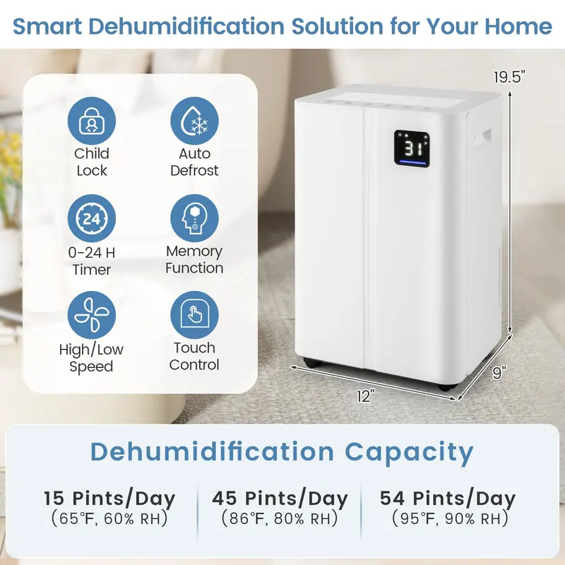 54-Pint Quiet Basement Dehumidifier – 4-Liter Tank, Three Operating Modes & Programmable Timer