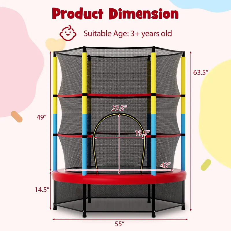 55-Inch ASTM-Certified Kids' Trampoline with Enclosed Safety Net for Toddlers