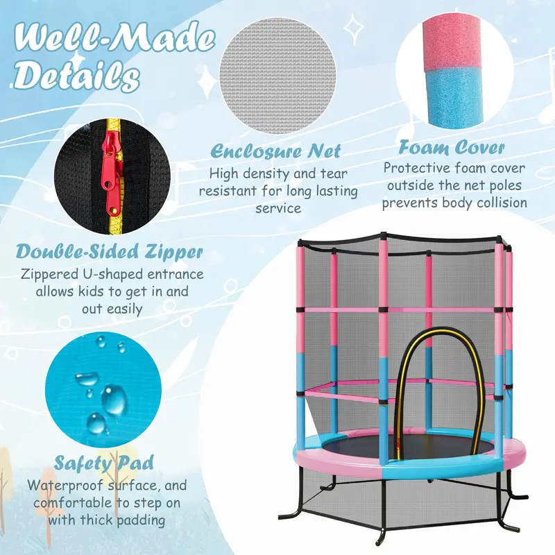 55-Inch Kids' Trampoline – ASTM-Certified 4.6-Foot Toddler Bouncer with Safety Enclosure Net