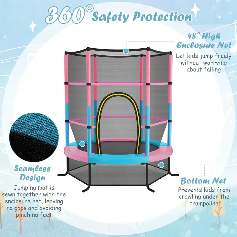 55-Inch Kids' Trampoline – ASTM-Certified 4.6-Foot Toddler Bouncer with Safety Enclosure Net