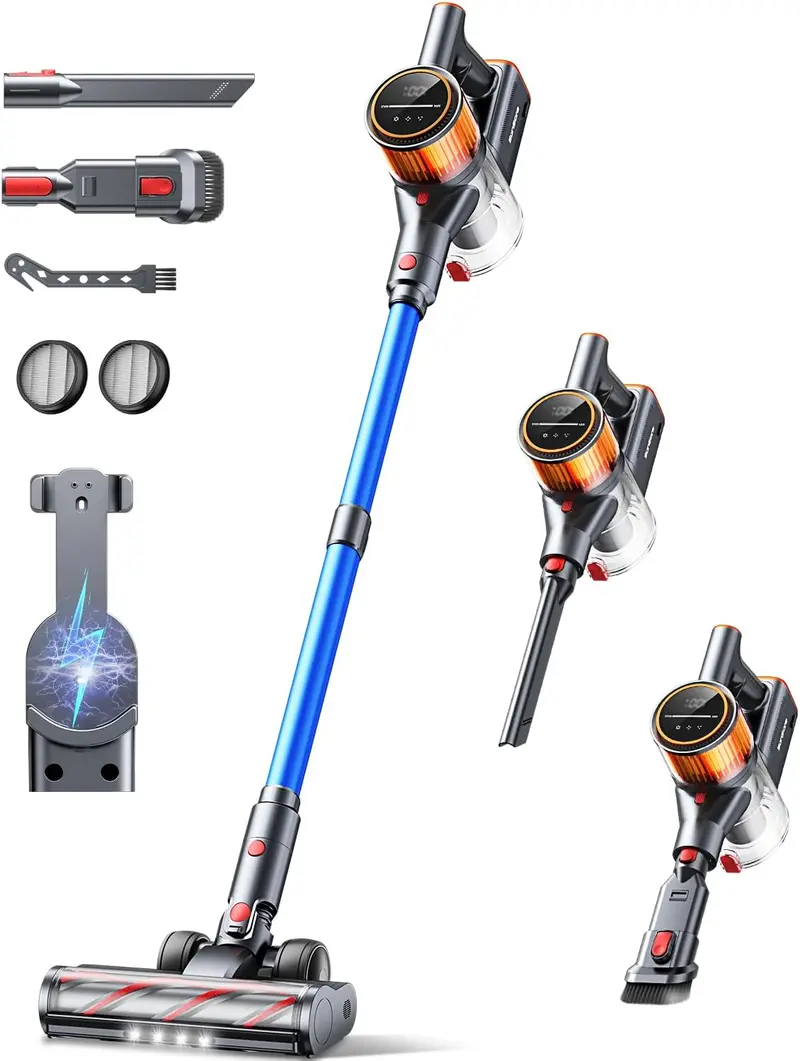 550W Cordless Stick Vacuum with 45KPa Suction, 60-Min Runtime & Wall-Mount Charging for Pets, Carpets, and Hard Floors