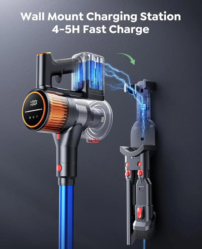 550W Cordless Stick Vacuum with 45KPa Suction, 60-Min Runtime & Wall-Mount Charging for Pets, Carpets, and Hard Floors
