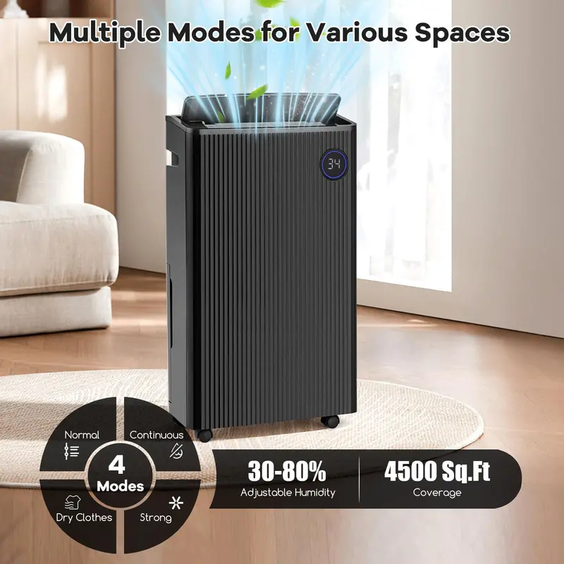 57-Pint Quiet Basement Dehumidifier – Covers 4,500 Sq. Ft with Integrated Drain Hose 2