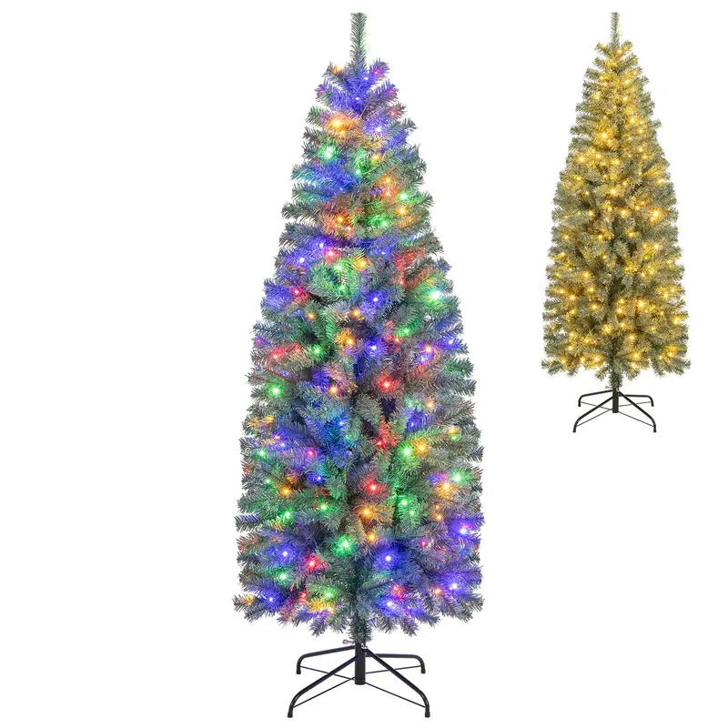 6.5-Foot Blue Slim Pencil Christmas Tree – Pre-Lit with 200 Warm White & Multicolor LEDs, 9 Modes, 556 Branch Tips