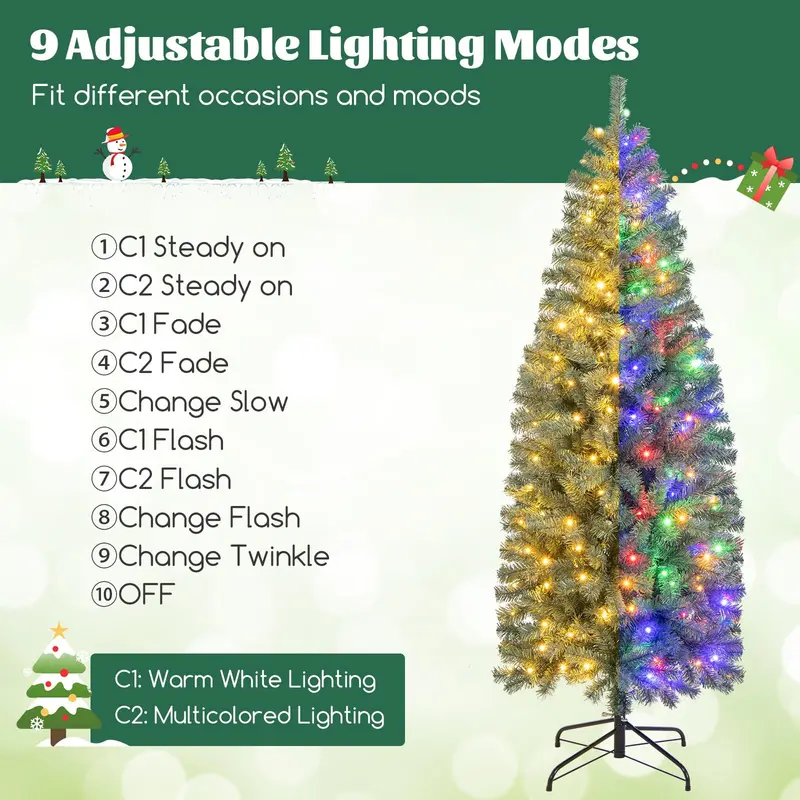 6.5-Foot Blue Slim Pencil Christmas Tree – Pre-Lit with 200 Warm White & Multicolor LEDs, 9 Modes, 556 Branch Tips 2