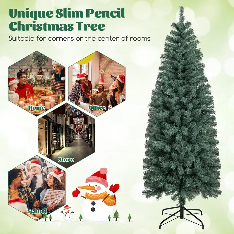 6.5-Foot Blue Slim Pencil Christmas Tree – Pre-Lit with 200 Warm White & Multicolor LEDs, 9 Modes, 556 Branch Tips