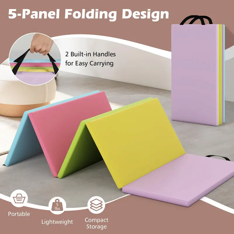 6.6' x 2.5' Folding Gymnastics Mat — Five-Panel Tumbling Pad with Carrying Handles