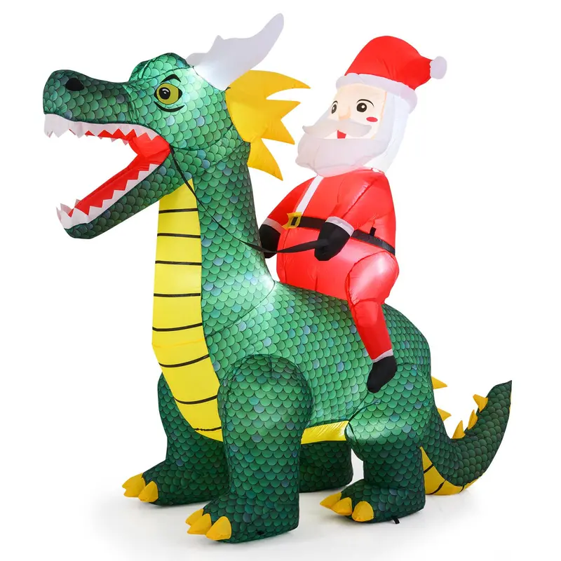 6.7-Foot Inflatable Santa on Dinosaur – Outdoor Holiday Decoration with Built-in Lights and Ground Stakes