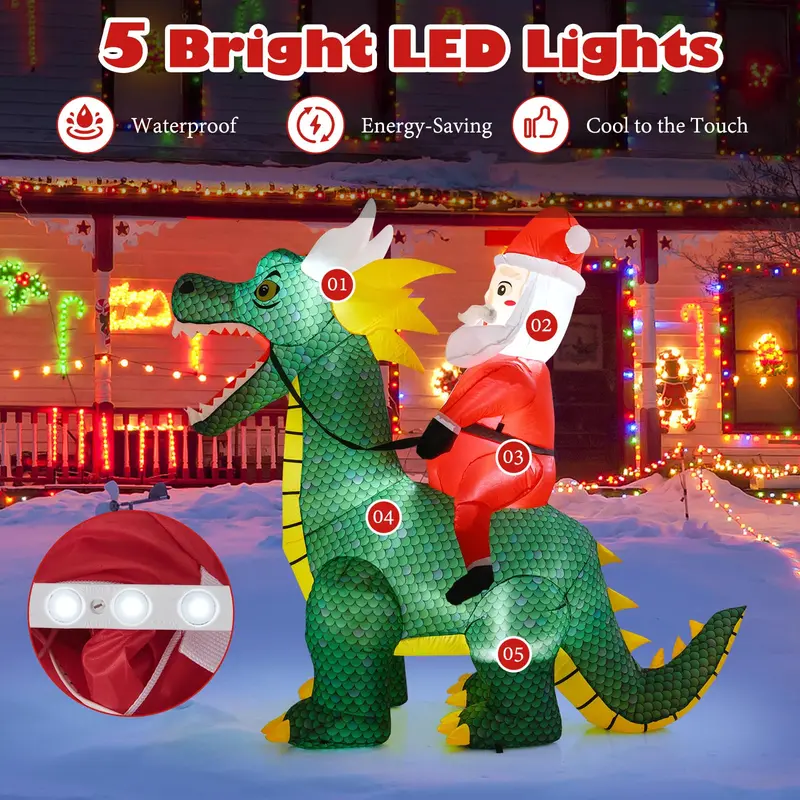6.7-Foot Inflatable Santa on Dinosaur – Outdoor Holiday Decoration with Built-in Lights and Ground Stakes 2