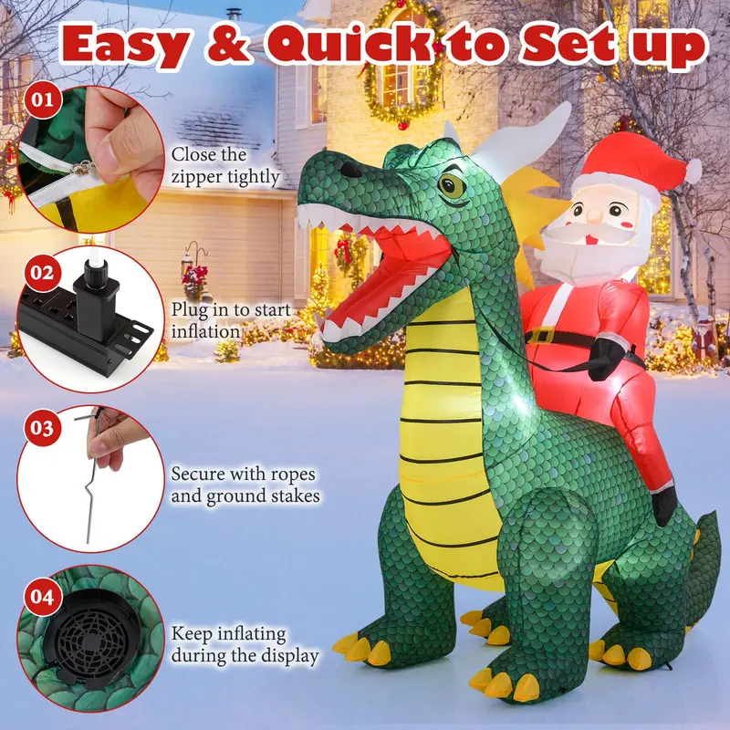 6.7-Foot Inflatable Santa on Dinosaur – Outdoor Holiday Decoration with Built-in Lights and Ground Stakes