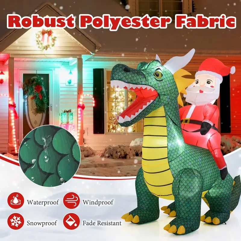6.7-Foot Inflatable Santa on Dinosaur – Outdoor Holiday Decoration with Built-in Lights and Ground Stakes
