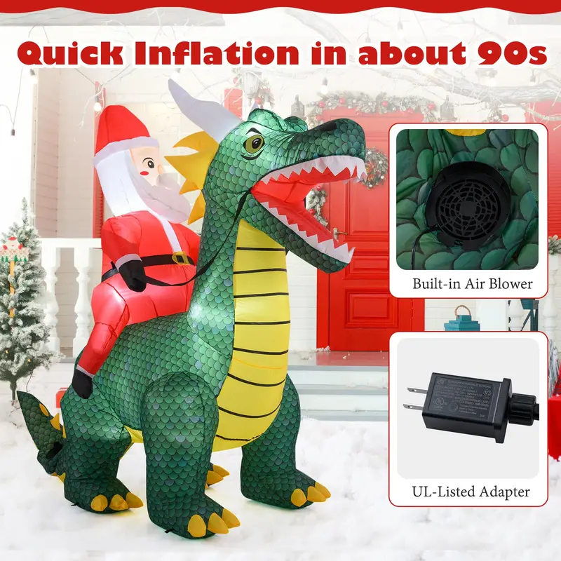 6.7-Foot Inflatable Santa on Dinosaur – Outdoor Holiday Decoration with Built-in Lights and Ground Stakes