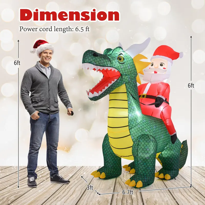6.7-Foot Inflatable Santa on Dinosaur – Outdoor Holiday Decoration with Built-in Lights and Ground Stakes