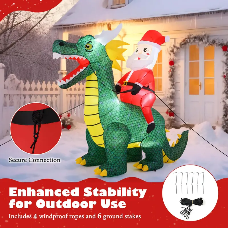6.7-Foot Inflatable Santa on Dinosaur – Outdoor Holiday Decoration with Built-in Lights and Ground Stakes
