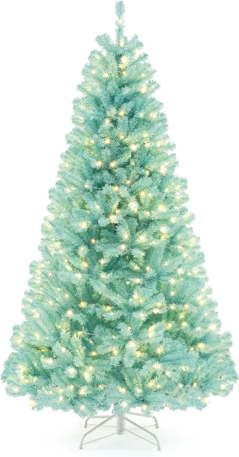 6–7 ft Blue Pre-Lit Christmas Tree – Full Hinged Artificial Xmas Tree with 280–380 Warm White LEDs