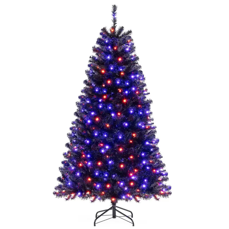 6-8 ft Black Pre-Lit Halloween Tree – Hinged Decorative Tree with 280–500 Orange & Purple LED Lights