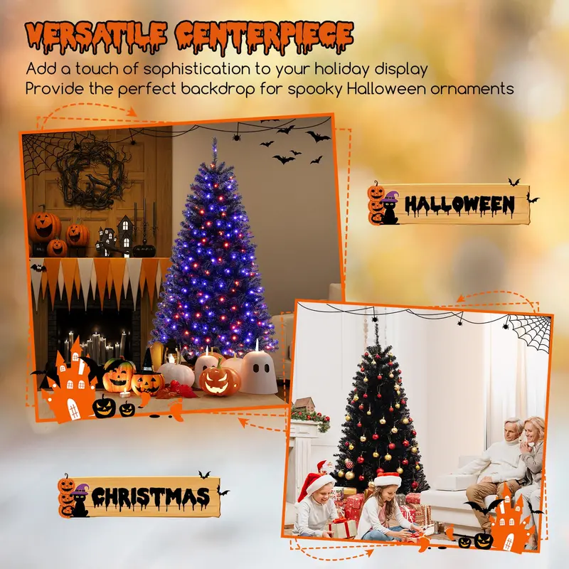 6-8 ft Black Pre-Lit Halloween Tree – Hinged Decorative Tree with 280–500 Orange & Purple LED Lights 2