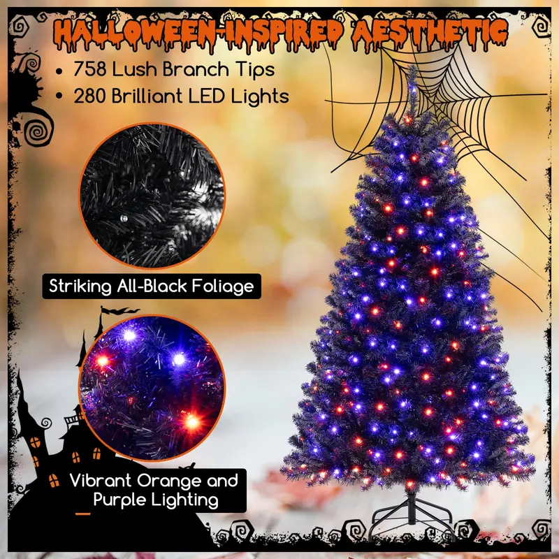 6-8 ft Black Pre-Lit Halloween Tree – Hinged Decorative Tree with 280–500 Orange & Purple LED Lights